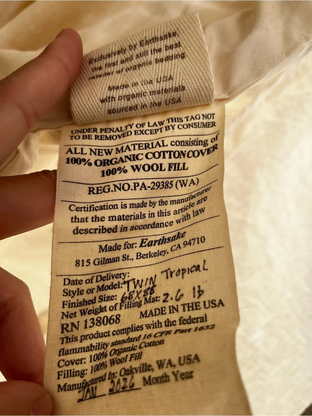 Earthsake 100% Wool Organic Cotton Cover with Navy Comforter Cover Twin 68x88